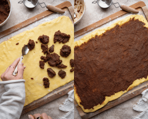Side-by-side image of adding the brown sugar cinnamon filling to the rolled out cookie dough.