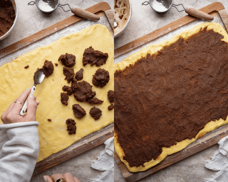 Side-by-side image of adding the brown sugar cinnamon filling to the rolled out cookie dough.