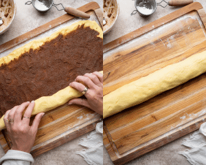 Side-by-side of rolling the cinnamon sugar cookie dough log up before slicing.