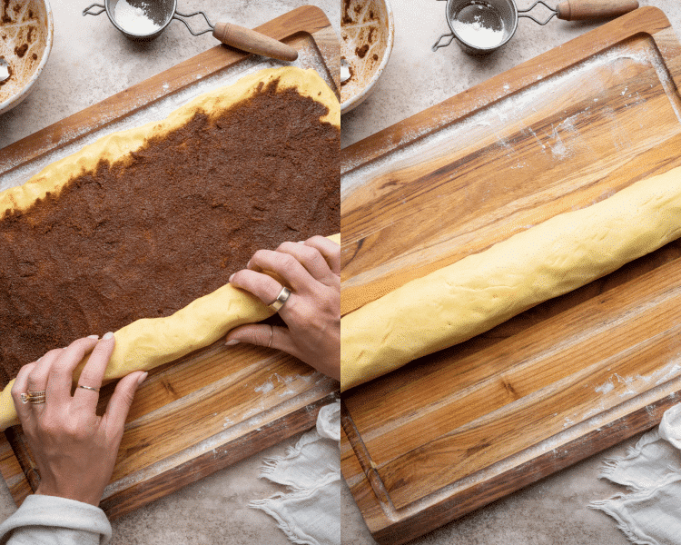 Side-by-side of rolling the cinnamon sugar cookie dough log up before slicing.