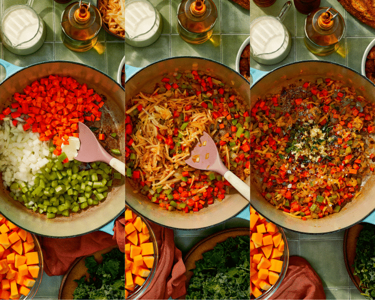 Three images side-by-side of cooking armoatics and apple.