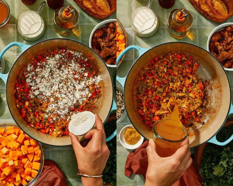 Side-by-side of adding the flour and apple cider to the cooked vegetables.