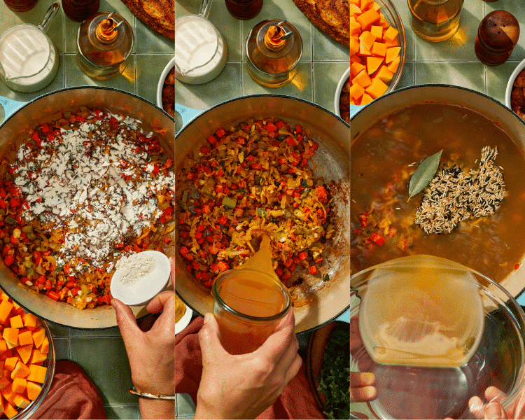 Three images side-by-side of adding the flour, apple cider, rice and chicken broth to the soup.