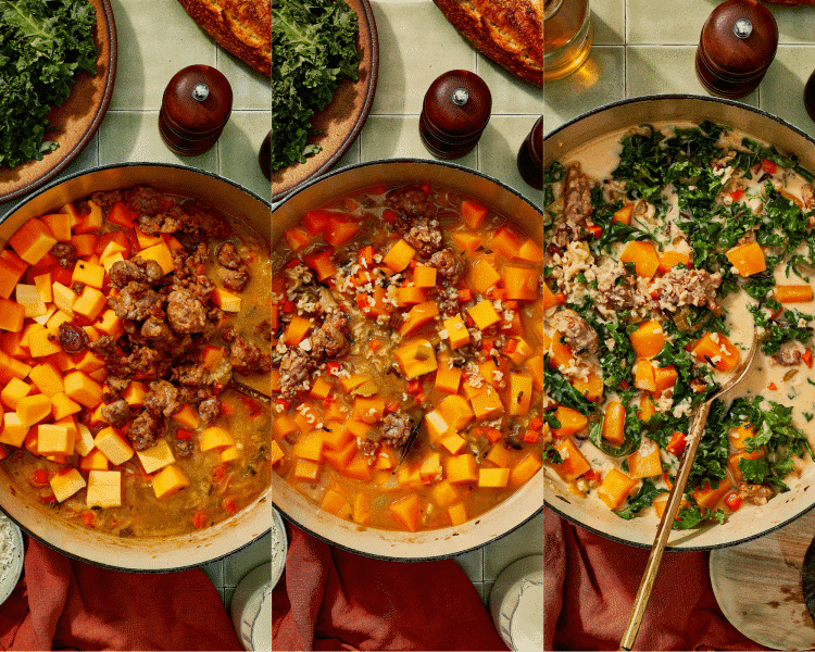 Three images of adding the sausage, butternut squash and kale added to the soup.