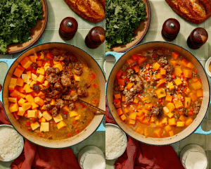 Side-by-side of adding the cooked sausage and butternut squash to the soup.