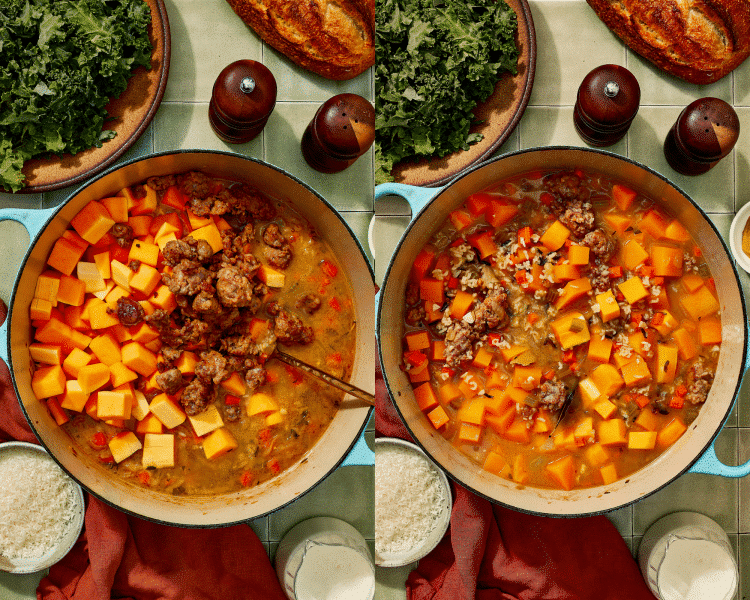 Side-by-side of adding the cooked sausage and butternut squash to the soup.