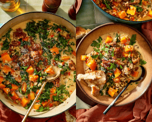 Side-by-side of creamy harvest soup cooked in a large dutch oven then served in a bowl with a spoon on the side and piece of crusty bread.