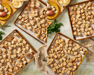 Side-by-side of drying the sourdough bread cubes in the oven on two baking trays.