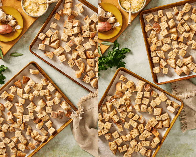 Side-by-side of drying the sourdough bread cubes in the oven on two baking trays.