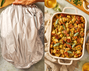 Side-by-side image of covering baking dish with tin foil them baking sourdough stuffing for 45 minutes.