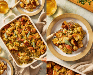 Side-by-side of baking the sourdough stuffing in a casserole dish then scooping out and serving on a small plate with a fork.