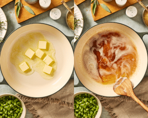 Side-by-side of browning the butter in a dutch oven.