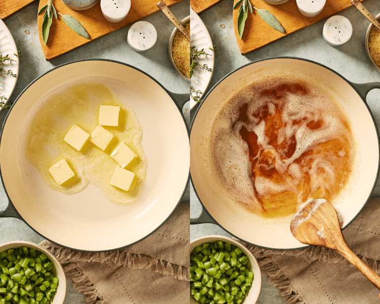 Side-by-side of browning the butter in a dutch oven.
