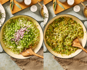 Side-by-side of adding the vegetables to the browned butter and cooking until softened.