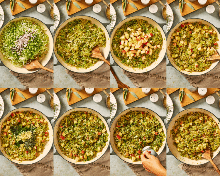 Eight images of cooking the vegetables for sourdough stuffing.