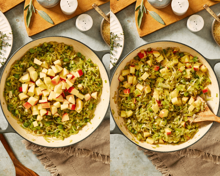 Side-by-side of adding the apple to the cooked vegetables and cooking until the apple softens.