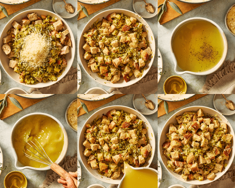 Six images showing how to assemble stuffing.