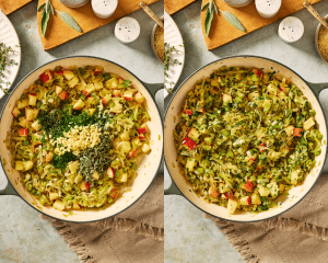 Side-by-side image of adding the herbs and garlic to the cooked vegetables and stirring to combine.