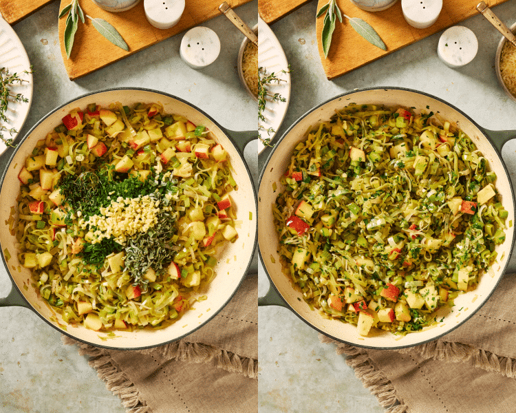Side-by-side image of adding the herbs and garlic to the cooked vegetables and stirring to combine.