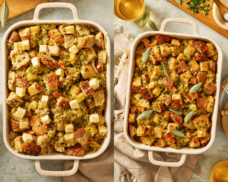 Side-by-side of transferring sourdough stuffing to a prepared baking dish then baking for 45 minutes or until done.