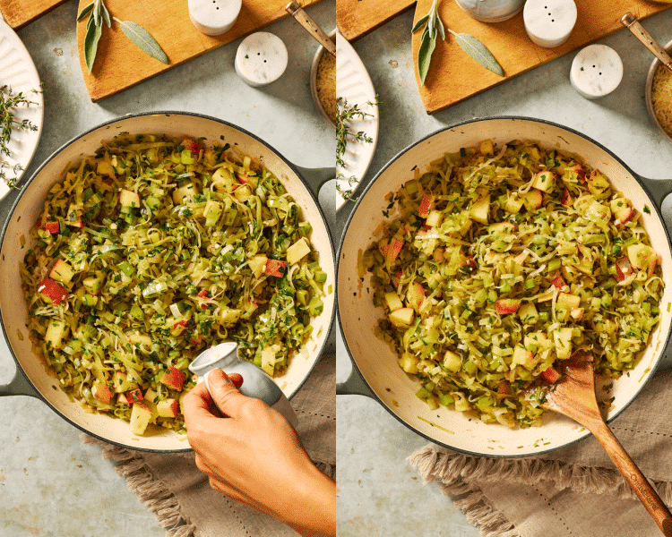 Side-by-side of adding the white wine to deglaze the cooked vegetables.