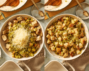 Side-by-side of assembling the stuffing ingredients before adding the broth mixture.