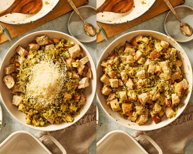 Side-by-side of assembling the stuffing ingredients before adding the broth mixture.