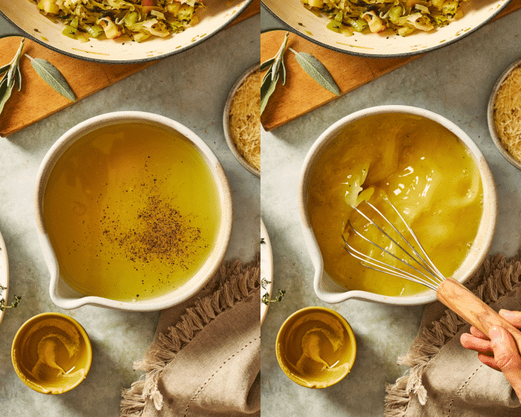 Side-by-side image of whisking broth mixture together.