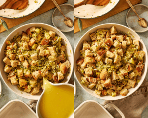 Side-by-side image of pouring broth mixture on top of bread and vegetables and mixing until bread is moistened but not soggy.