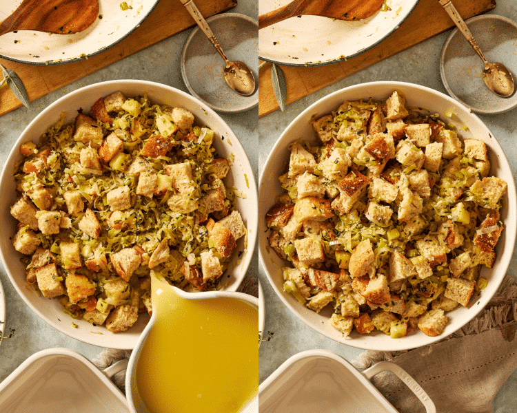 Side-by-side image of pouring broth mixture on top of bread and vegetables and mixing until bread is moistened but not soggy.