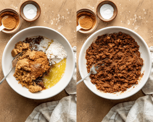 Side-by-side of mixing the brown sugar filling ingredients together in a small bowl.