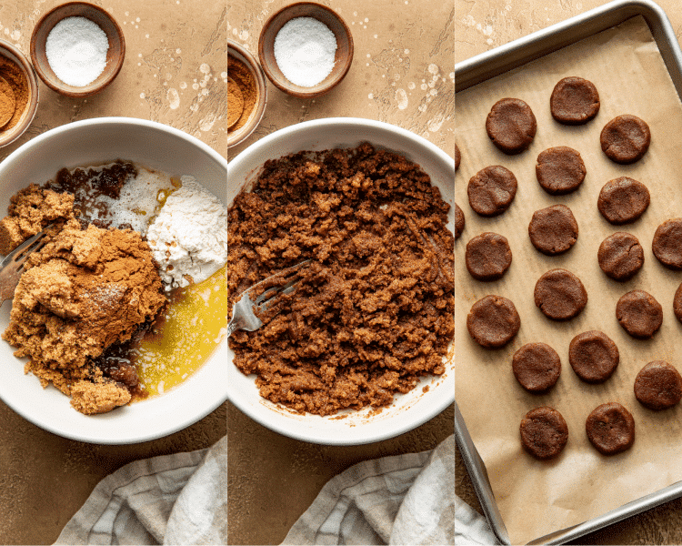 Three image of mixing the brown sugar filling together in a bowl then portioning into small disc and freezing until solid.