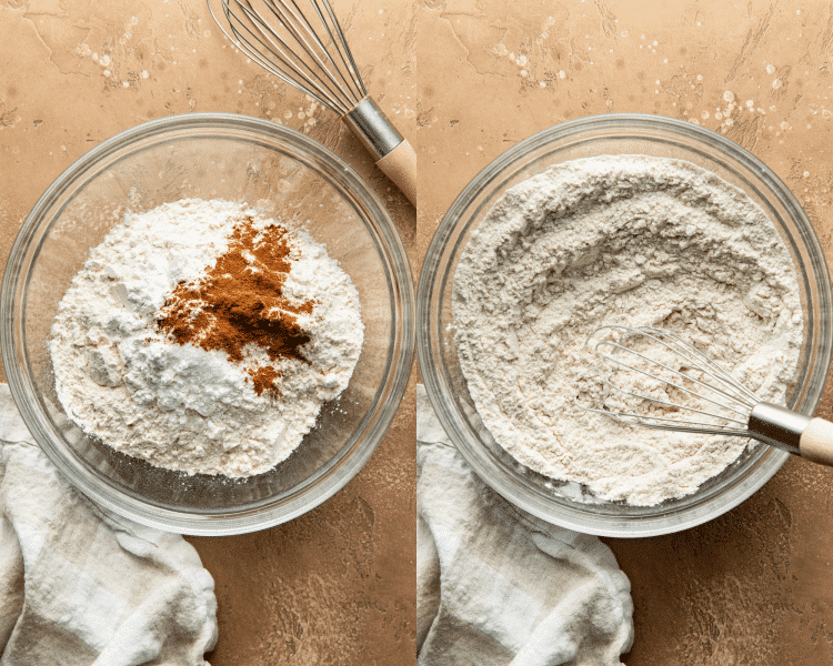 Side-by-side of whisking dry ingredients together in a large mixing bowl.