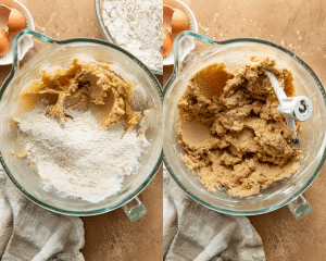 Side-by-side image of adding the dry ingredients to the wet ingredients and mixing until just combined.