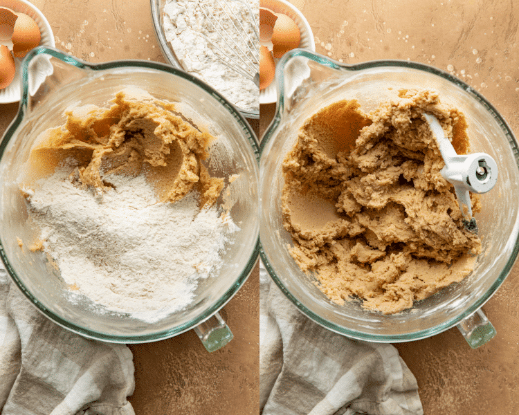 Side-by-side image of adding the dry ingredients to the wet ingredients and mixing until just combined.