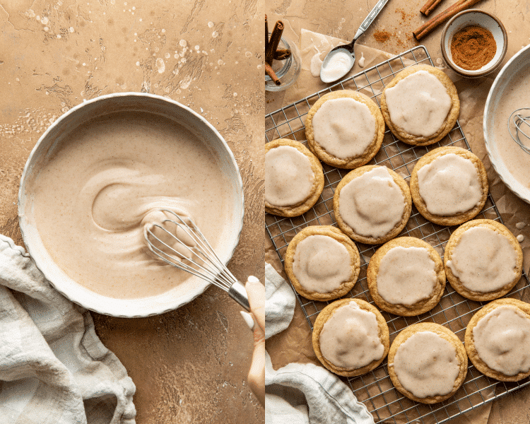 Side-by-side image of making glaze in small bowl then adding to the top of cooled pop tart cookies.