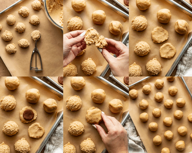 Six images of stuffing the cookie dough with the brown sugar filling.