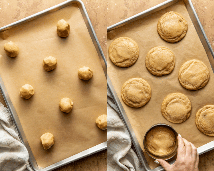 Side-by-side image of placing cookie dough balls on prepared baking sheet, baking, then cookie scooting right when they come out of the oven to make the perfectly circular.