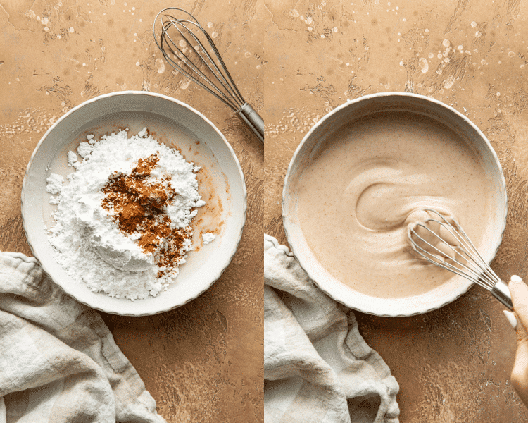 Side-by-side of mixing icing ingredients together in a small bowl.