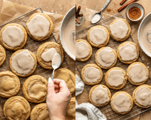 Side-by-side image of spooning glaze over pop tart cookies and allowing icing to set before serving.