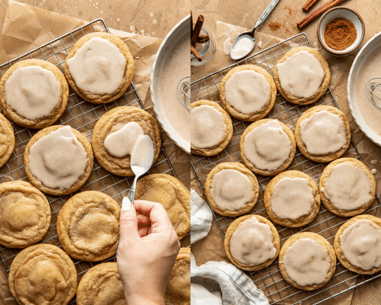 Side-by-side image of spooning glaze over pop tart cookies and allowing icing to set before serving.