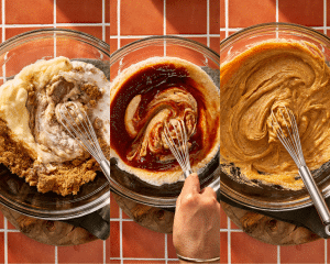 Three images side-by-side of mixing the wet ingredients together.