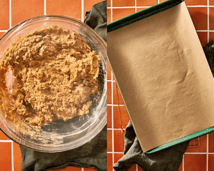Side-by-side of coving the cookie dough and chilling for 20-30 minutes then lining a baking sheet with parchment paper.