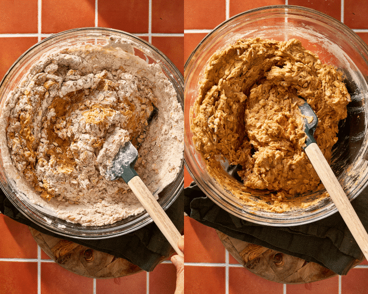 Side-by-side image of mixing the wet and dry ingredients to make the cookie dough.