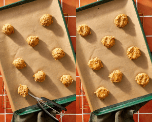 Side-by-side of scooping cookie dough onto parchment lined baking sheet then press down a little to flatten.