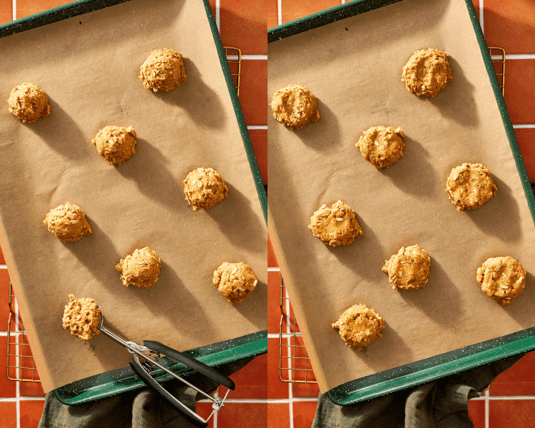 Side-by-side of scooping cookie dough onto parchment lined baking sheet then press down a little to flatten.