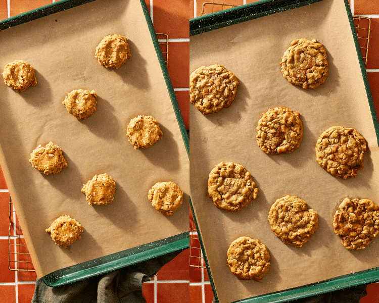 Side-by-side of scooped cookie dough on parchment-lined baking sheet then baking for 10-12 minutes.