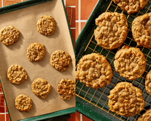 Side-by-side image of baked pumpkin oatmeal cookies on a parchment-lined baking sheet then setting cookies on a wire rack to cool completely before icing.
