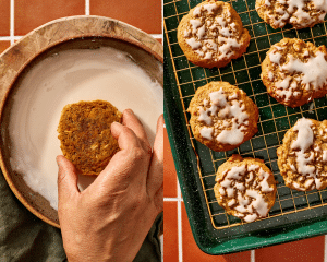 Side-by-side image of dipping pumpkin oatmeal cookie in bowl of icing then placing them on wire rack to let the icing harden.