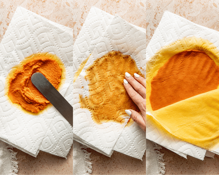 Three images of blotting the pumpkin in between paper towels to remove excess moisture.